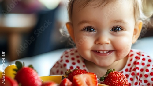 Adorable baby enjoying fresh fruit, promoting healthy eating habits early on