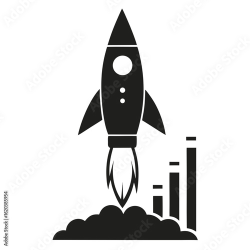 Rocket launching with growth bars silhouette isolated on white background