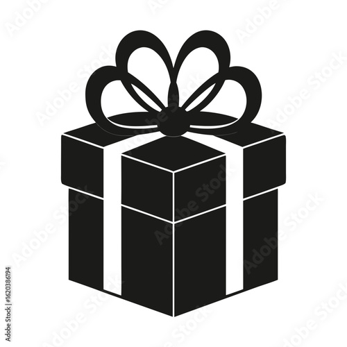 Black gift box with ribbon and bow silhouette isolated on white background