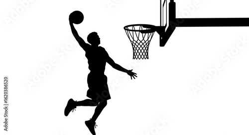 Powerful Young Man Dunking Basketball in Hoop During Game