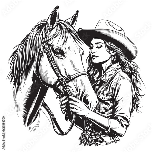 Cowgirl with Horse Vector Illustration