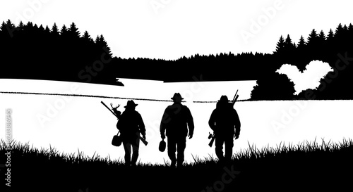 Hunters with Equipment Walking Through Rural Field Towards Forest