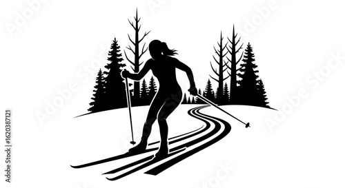 Graceful Woman Cross-Country Skiing through Pristine Winter Forest