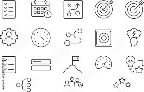 Action Plan Line Icons Set – Strategy, Goal, Target, Task, Planning, Milestone – No Text Outline Vector Icons