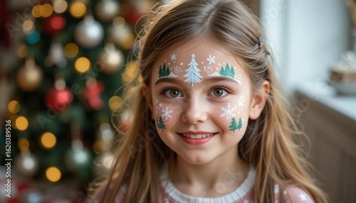 A smiling girl with christmas themed face paint in front of a decorated christmas tree indoors