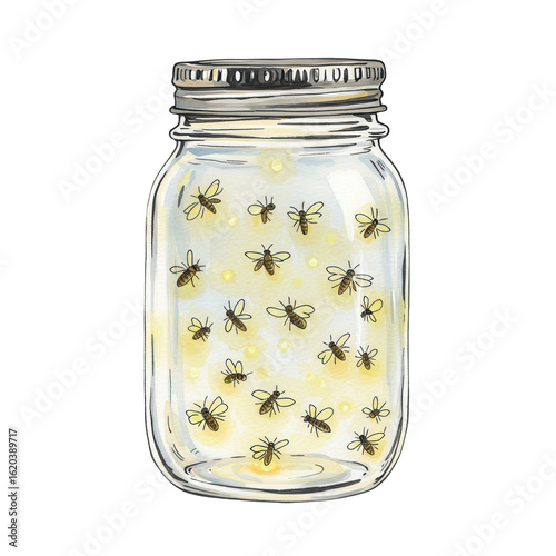Fireflies glowing in a glass jar isolated PNG with Transparent Background
