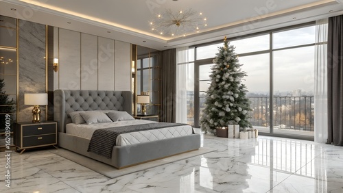 Luxury Modern Bedroom with Marble Floor and Crystal Holiday Tree