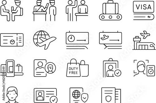 Airport and Immigration Line Icons Set – Passport, Customs, Luggage, Security, Airplane, Checkpoint – No Text Outline Vector Icons