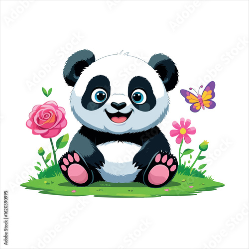 Adorable Cartoon Baby Panda Sitting Happily in Green Grass, Surrounded by a Pink Rose, a Daisy-like Flower, and a Flying Purple and Yellow Butterfly