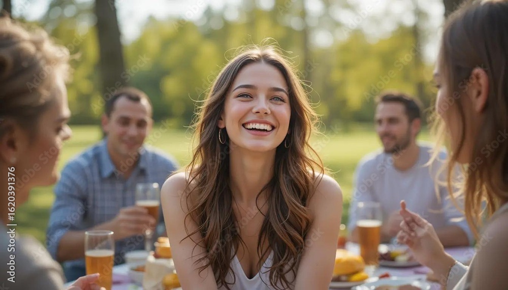Obraz premium A smiling woman at an outdoor gathering with friends enjoying drinks and food in a park setting