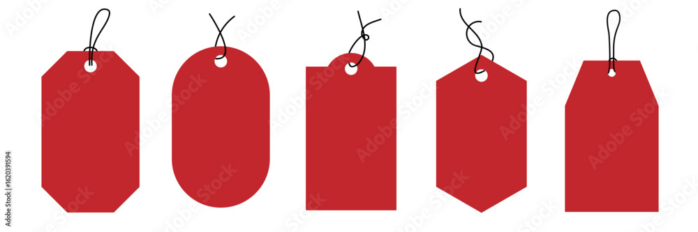 Set of red blank price tags in various shapes with strings, Minimal vector hanging labels.  for sale, discount, gift tag, branding template, packaging, promotion