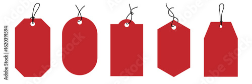 Set of red blank price tags in various shapes with strings, Minimal vector hanging labels.  for sale, discount, gift tag, branding template, packaging, promotion