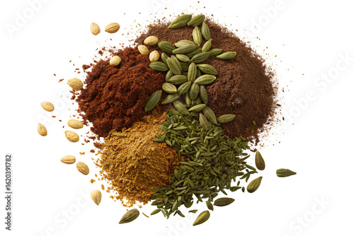 Fototapeta Naklejka Na Ścianę i Meble -  Variety of spices scattered on a surface featuring seeds and colorful ground spice powders mix