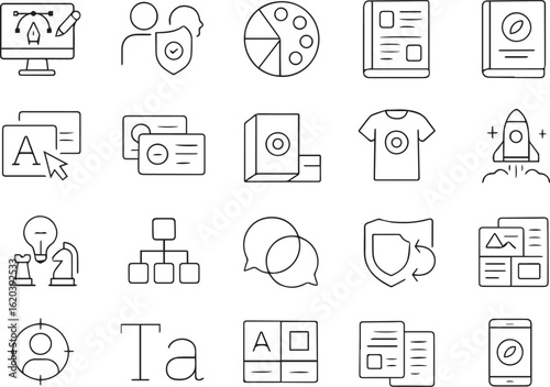 Branding Line Icons Set – Logo, Tagline, Color Palette, Identity, Strategy, Mission – No Text Outline Vector Icons