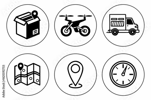 Delivery Service Icons Package Drone Truck Map Location Clock.