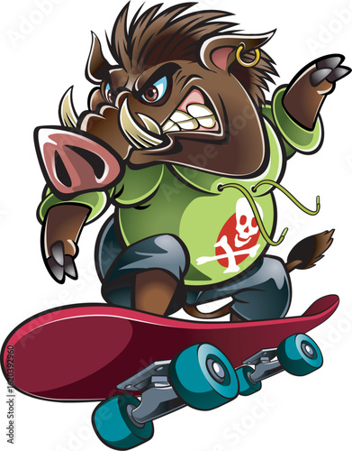 Cartoon style wild boar riding on a skateboard