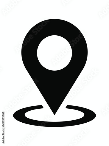 Black location pin icon on white background