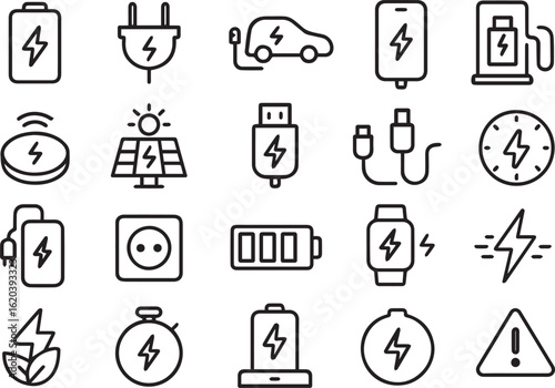 Charging Line Icons Set – Battery, Charger, USB Cable, Power, Plug, Energy – No Text Outline Vector Icons