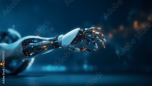 An android hand reaches out into space