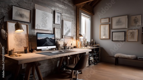 Inviting artist's studio featuring a computer workstation and rustic d?cor blending function and artistry