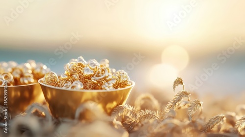 Beautiful Golden Orbs in Bowls Surrounded by Nature at Sunset