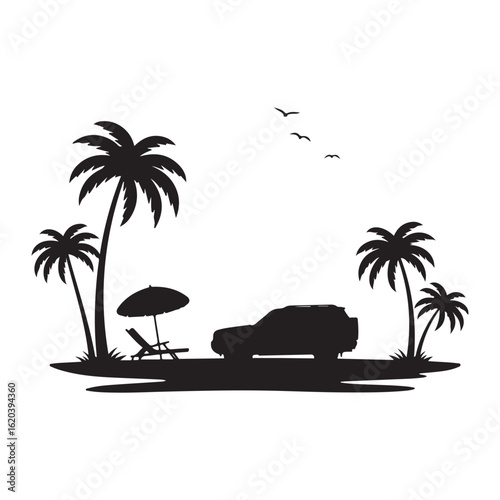 Black silhouette of a tropical beach scene with car and palm trees 
