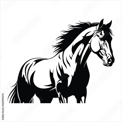 Vector art of stylized black and white illustration of a running horse with a flowing mane
