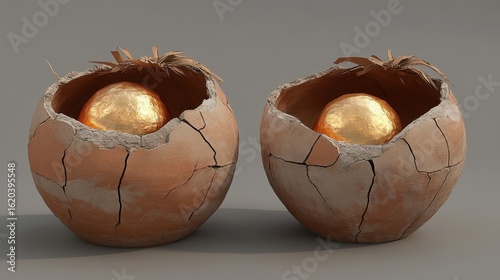 Cracked Clay Eggshells with Golden Eggs Inside on Neutral Background