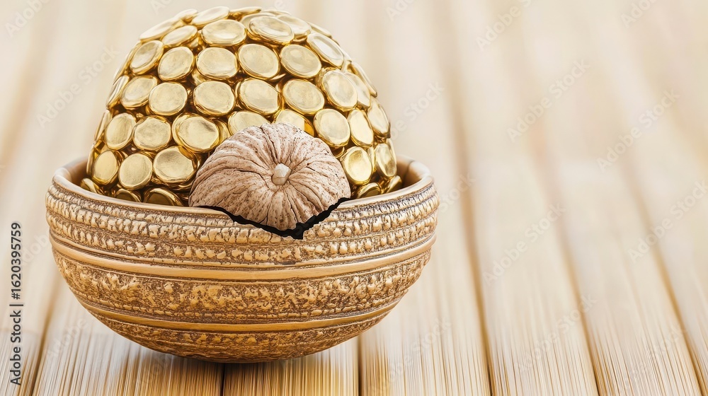 Decorative Golden Ornaments in a Bowl on Wooden Surface Decorative Golden Ornaments in a Bowl on Wooden Surface