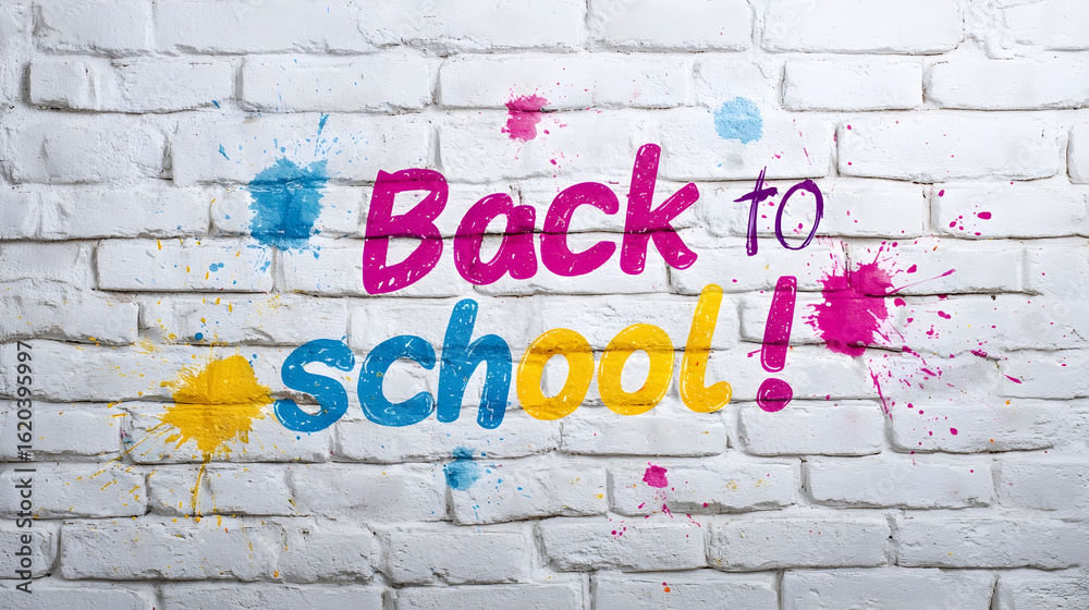 Vibrant Back to School message painted on brick wall with colorful paint splatters perfect for educational promotions Vibrant Back to School message painted on brick wall with colorful paint splatters perfect for educational promotions
