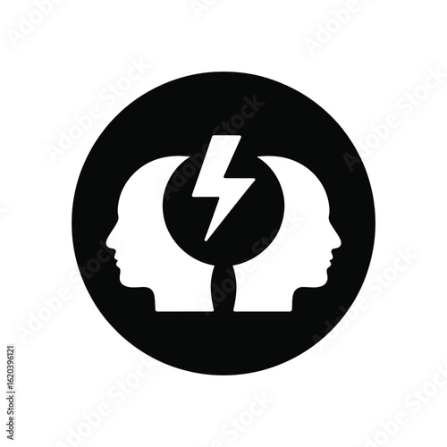 Symbol of two heads clashing with a lightning bolt between them