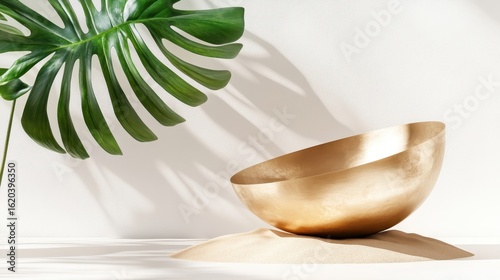 Elegant Gold Bowl on Sand with Tropical Leaf in Modern Setting