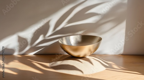 Elegant Gold Bowl on Wooden Surface with Soft Shadows and Light
