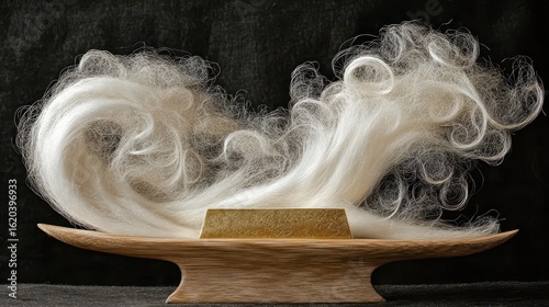 Flowing Hair Art Display with Golden Block on Elegant Wooden Base
