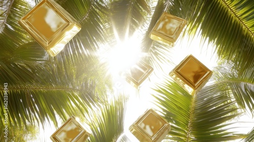Floating Golden Cubes Among Lush Green Palm Leaves and Sunlight