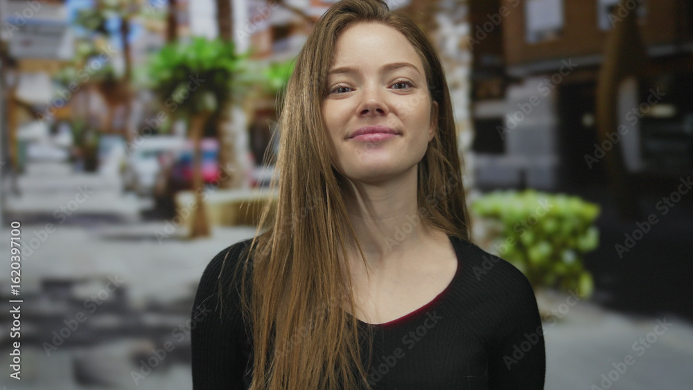 Woman shields eyes with hand on sunlit urban street in downtown setting lined with shops and blurred cars; playfulness. Woman shields eyes with hand on sunlit urban street in downtown setting lined with shops and blurred cars; playfulness.