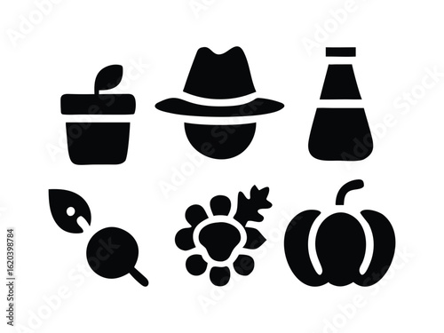 Simple Black Glyph Icons: Gardening, Farming, Autumn Harvest, Food, and Nature.
