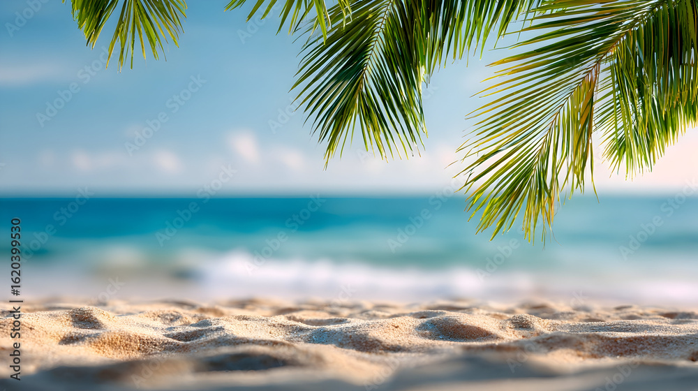 Fototapeta premium Escape to paradise with stunning beach scene, palm leaves swaying in gentle breeze, perfect for travel and relaxation