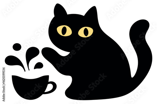 Cartoon black cat with yellow eyes is reaching for a cup of spilling liquid