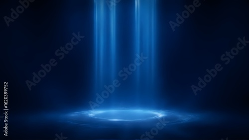 Blue light shines down on platform