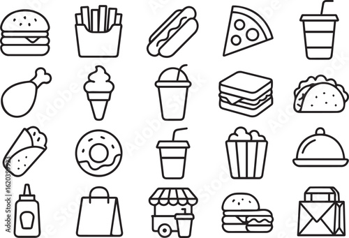Fast Food Line Icons Set – Burger, Fries, Pizza, Soda, Sandwich, Donut, Hotdog – No Text Outline Vector Icons