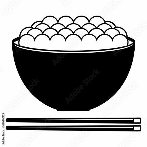 Bowl with chopsticks icon in flat black and white style
