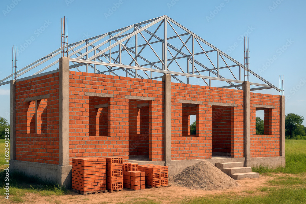 Obraz premium a half finished structure resembling a brick house under construction, with no walls surrounding the exposed framework inside