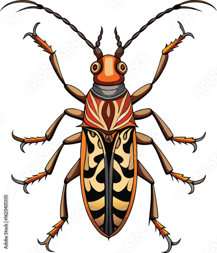 Detailed illustration of a colorful longhorn beetle