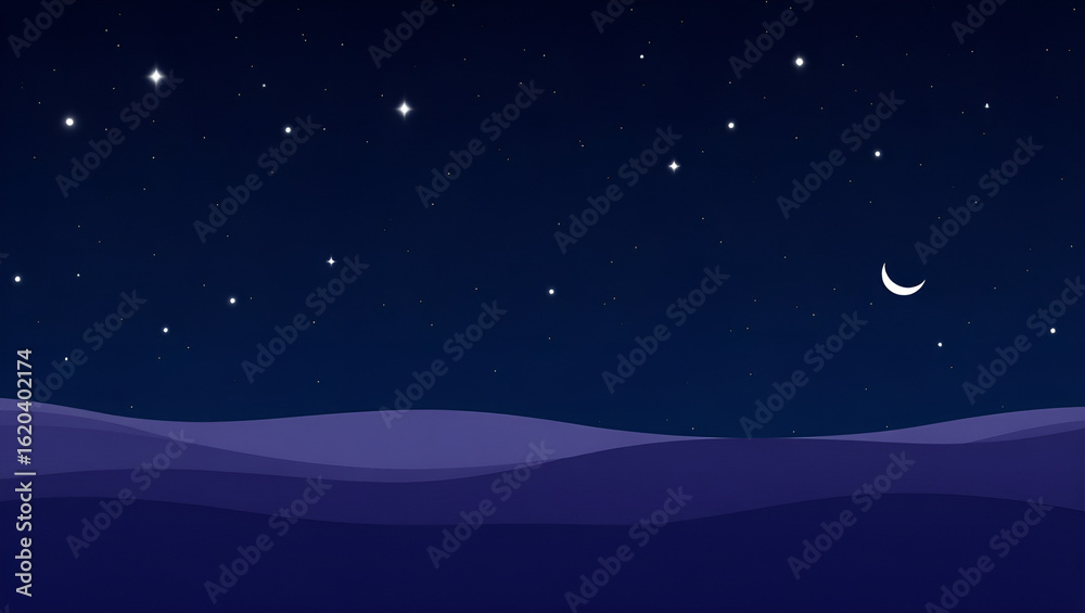 Fototapeta premium Stylized nighttime background with smooth purple mountains and scattered twinkling stars