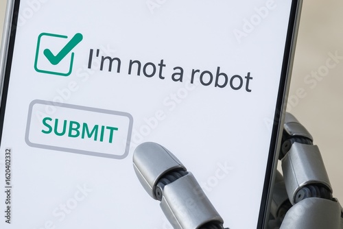 Robot finger taps Submit button next to I m not a robot checkbox on phone screen. Concept, technology, bypass, human check, verification, ai.
