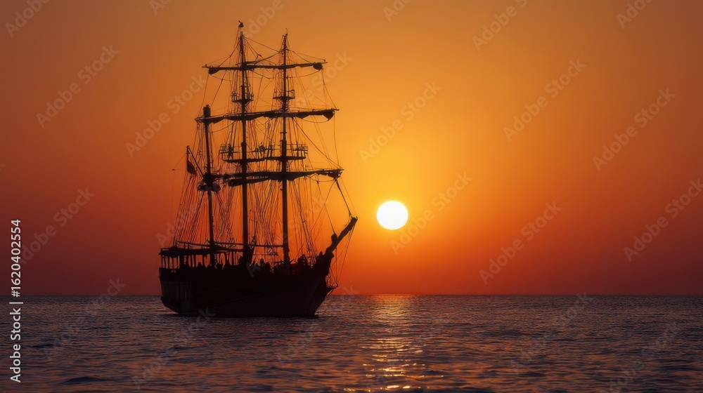 Fototapeta premium Sunset Sailing Ship on the Ocean Horizon