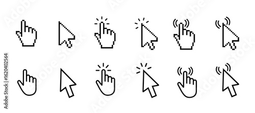Cursor and Mouse Click Icon Set with Arrows, Hand Pointers, Click Effects, and Loaders for UI and Web Design Projects