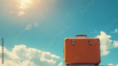 Vacation. Travel concept. Brown suitcase with sky background.