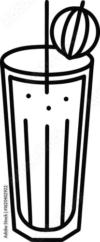 Refreshing Summer Cocktail Drink in Tall Glass with Straw and Fruit Garnish, Line Art Illustration for Menu Design or...